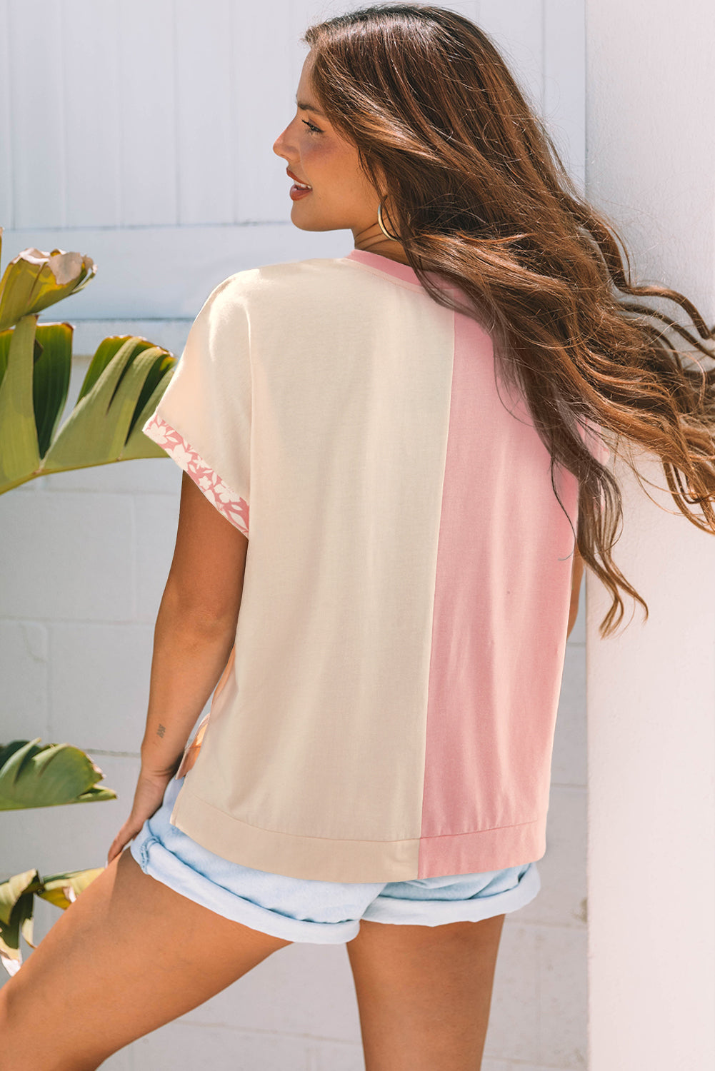 Colour Block Flower Patched Loose T-Shirt
