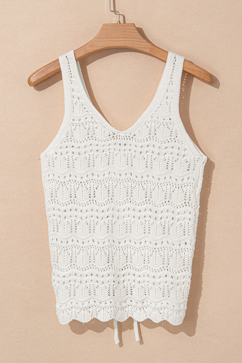 Beige Trendy Hollowed Knit V Neck Drawstring Sweater Vest eAura