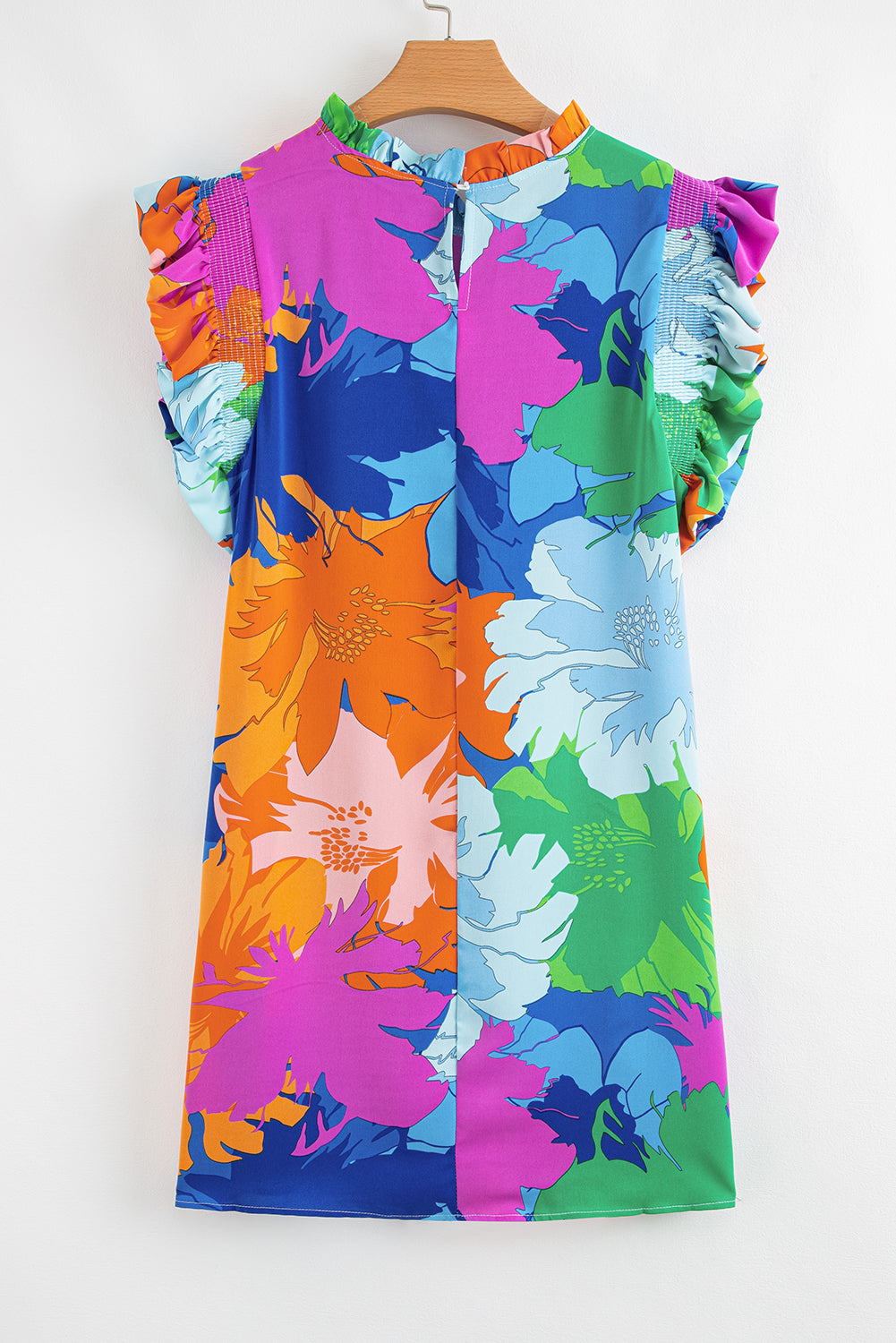 Blue Bold Floral Flutter Sleeve Shift Mini Dress with Pockets eAura