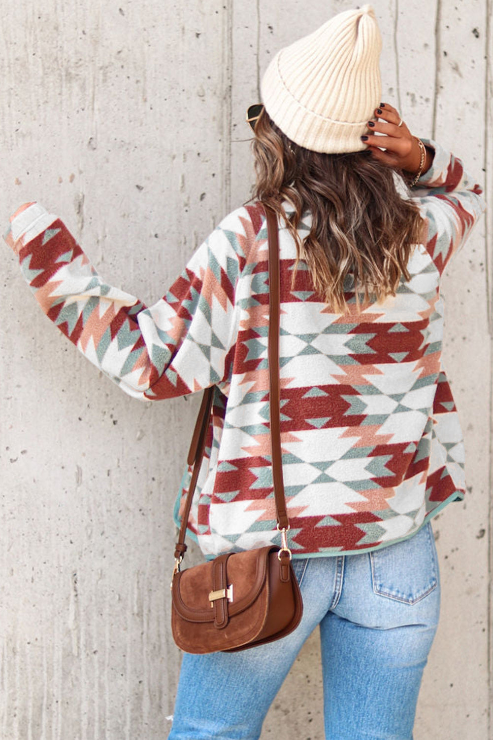 Fiery Red Western Aztec Buttoned Zipper Pockets Fleece Jacket eAura