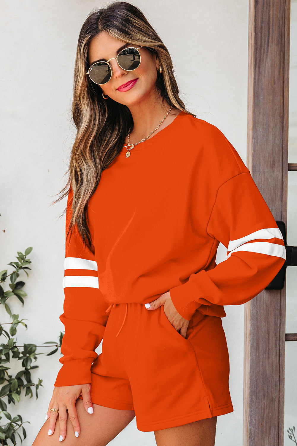 Varsity Striped Sleeve Drop Shoulder Sweatshirt and Shorts Co-ord Set eAura