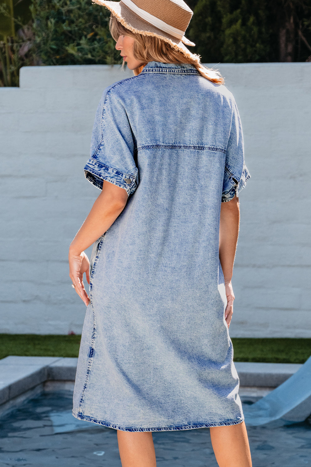 Light Blue Loose Medium Wash Short Sleeve Shirt Chambray Dress eAura