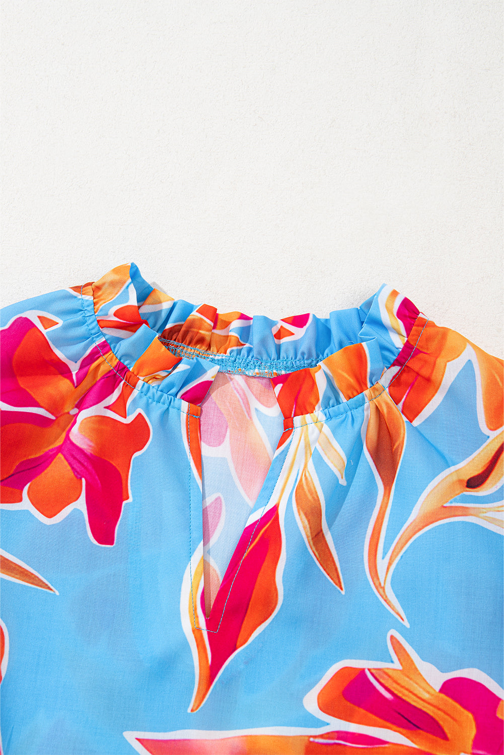 Sky Blue Floral Print V Neck Pompom Trim Flutter Sleeve Blouse eAura