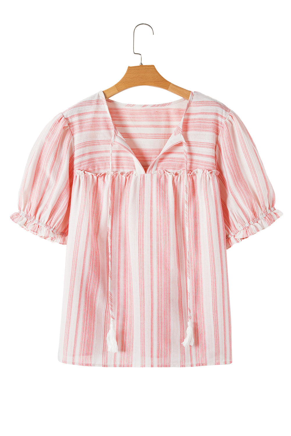 Pink Stripe Plus Size Tassel Tie Frilled Detail Short Sleeve Blouse BB Fashion Outlet
