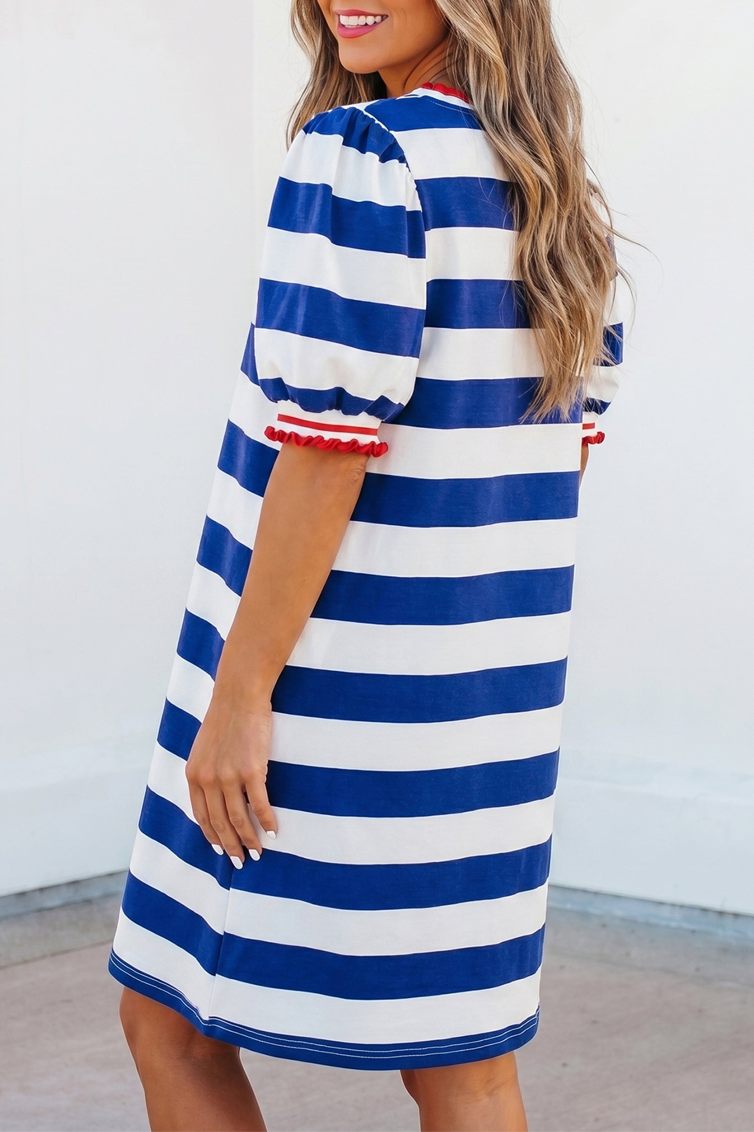 Stripe Contrast Trim Round Neck Short Puff Sleeve Shift Mini Dress