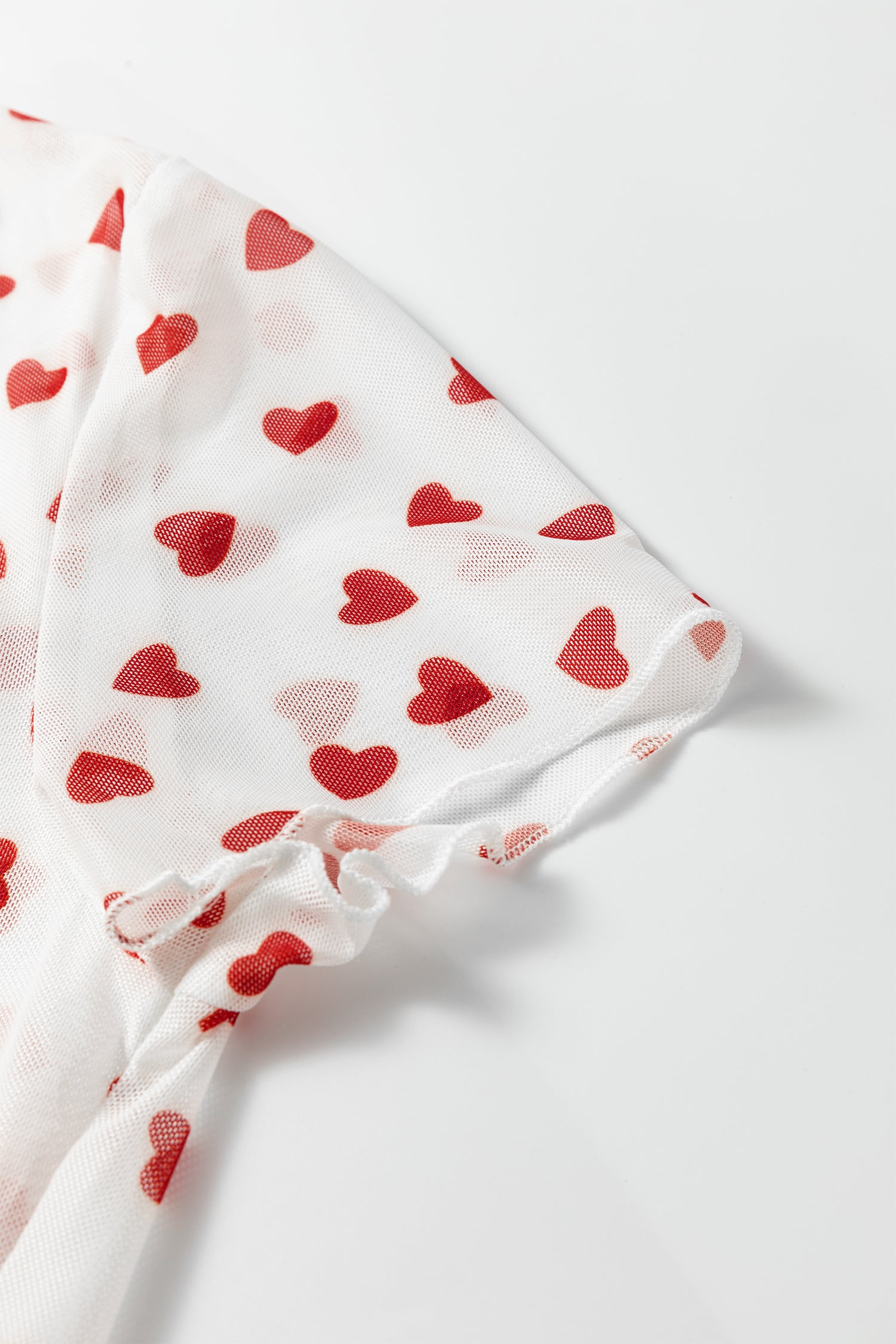 Allover Heart Print Mesh Short Sleeve Top