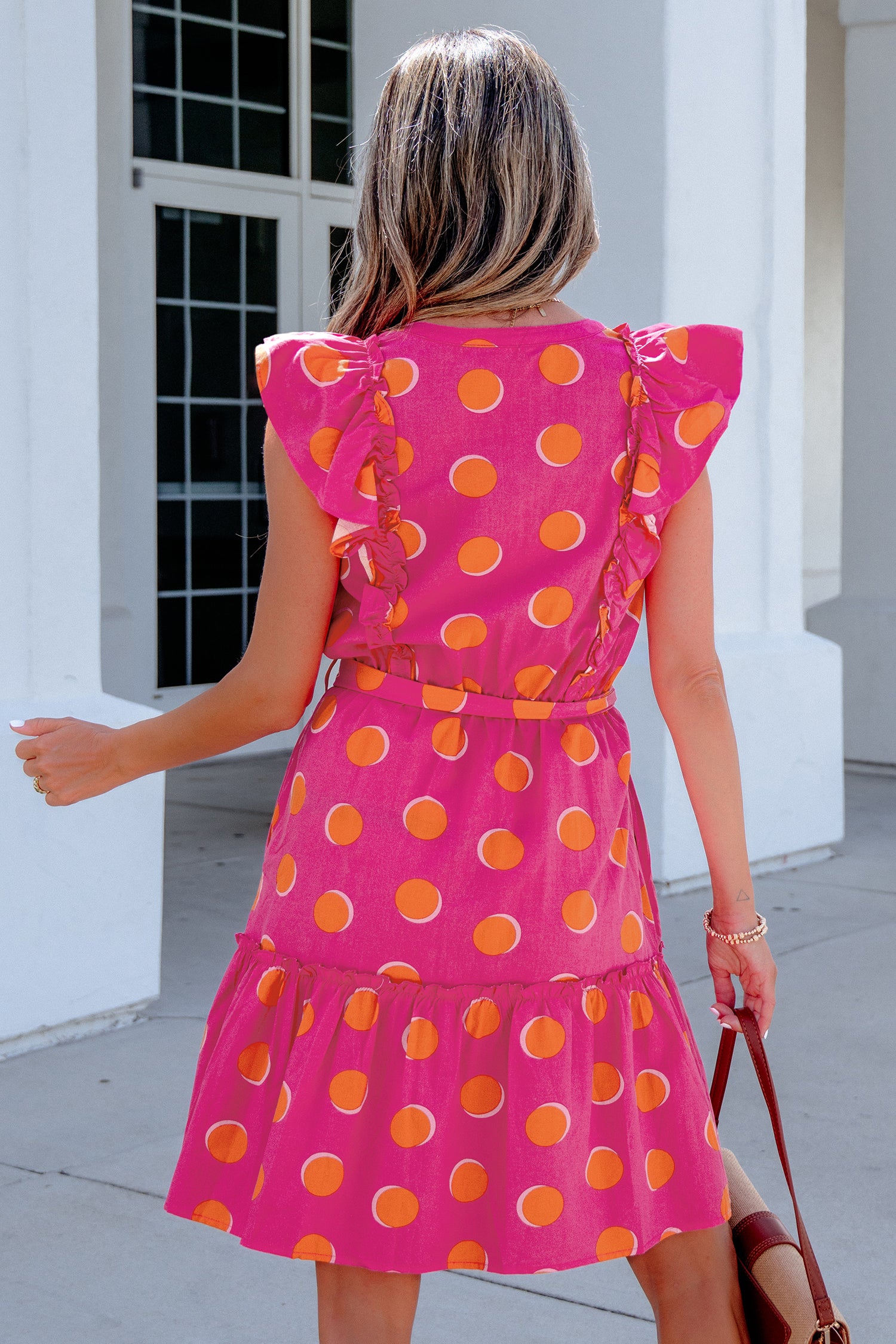Polka Dot V Neck Ruffled Short Sleeve Mini Dress