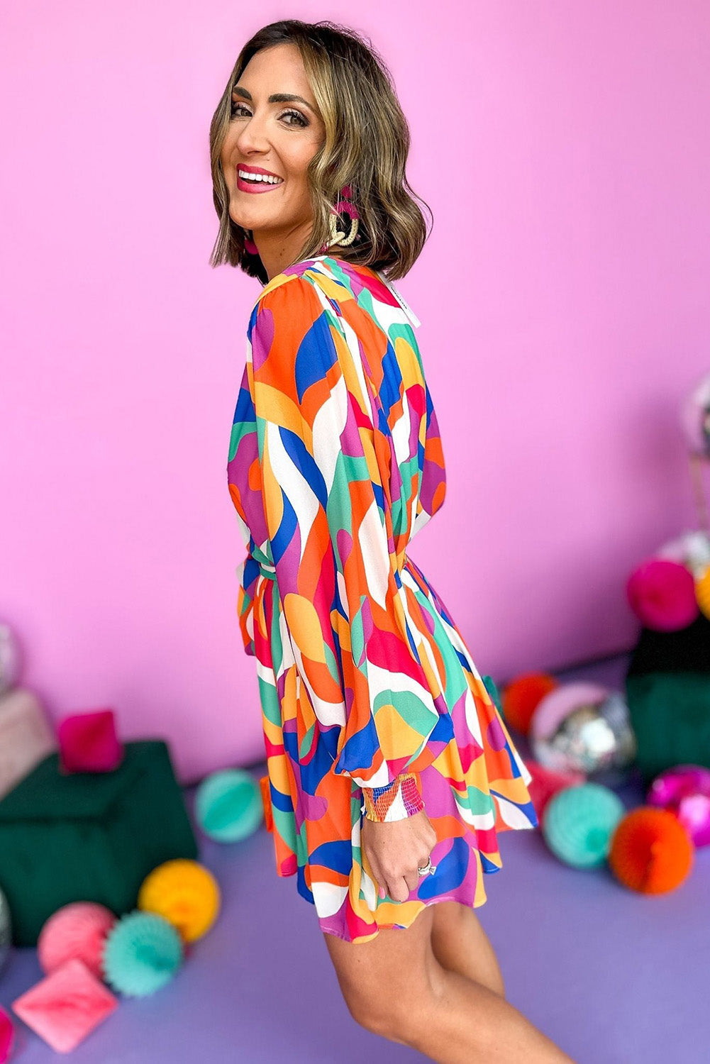 Fiery Red Abstract Printed Belted Puff Sleeve Mini Dress eAura