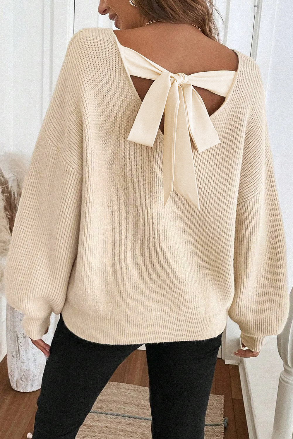 Rib Knit Ribbon Knot Backless Drop Shoulder Sweater - eAura