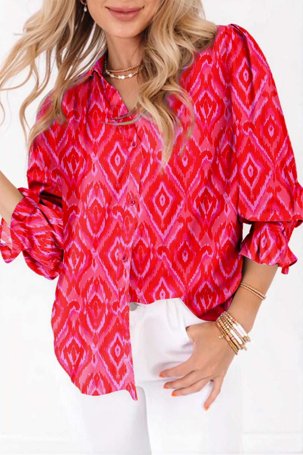 Pink Western Aztec Geometric Ruffled 3/4 Sleeve Shirt Dear-Lover Dropshipping