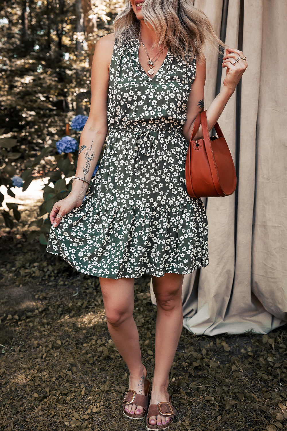 Boho Floral Print V-Neck Knot Waist Sleeveless Dress