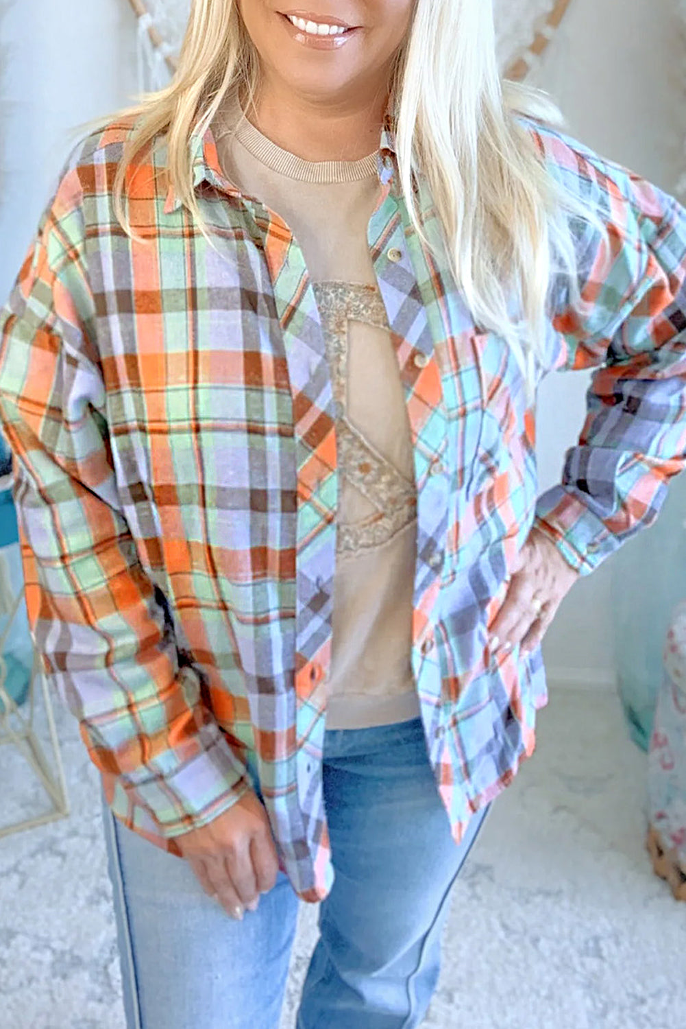 Orange Plus Size Plaid Print Buttoned Shirt Beagle Boutique Fashion Outlet