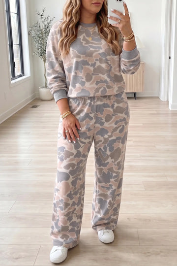 Camouflage Long Sleeve Round Neck Two-Piece Plus Size Set – Multicolour