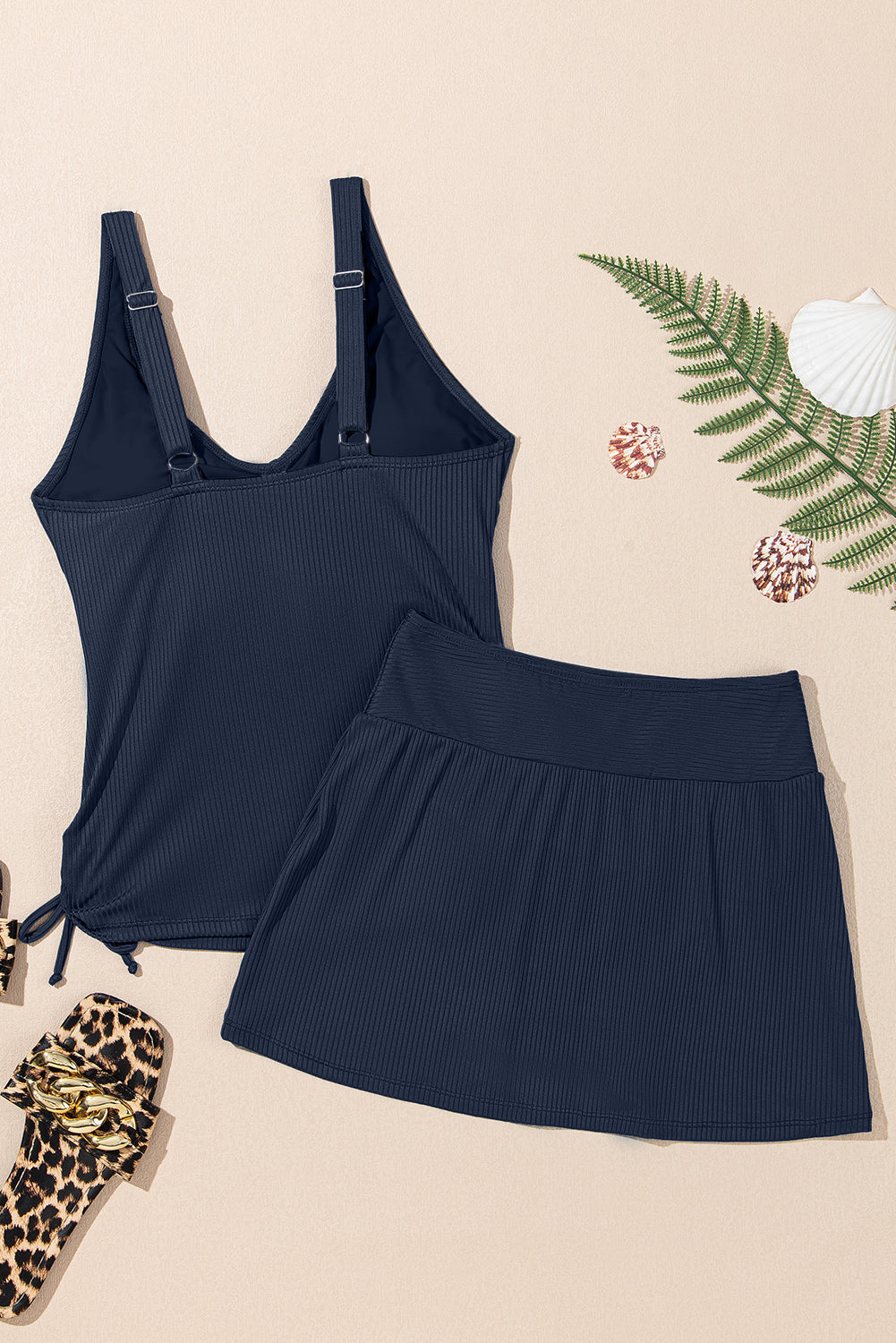 Ribbed Crossed Detail Tankini & Skort Two-Piece Swimsuit