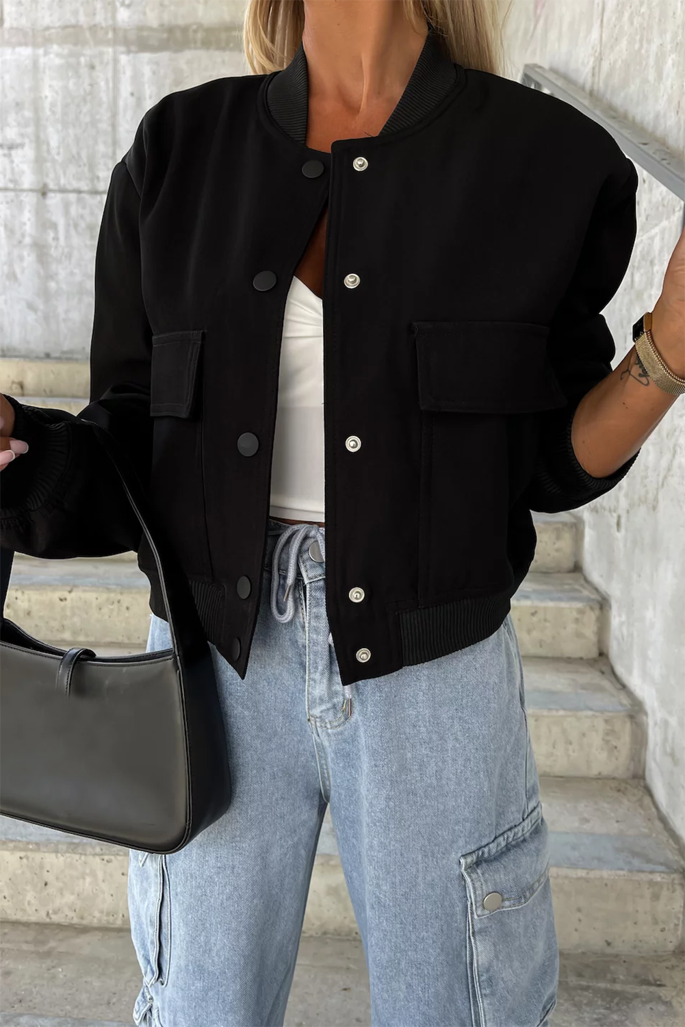 Black Big Pockets Baseball Collar Jacket Beagle Boutique Fashion Outlet