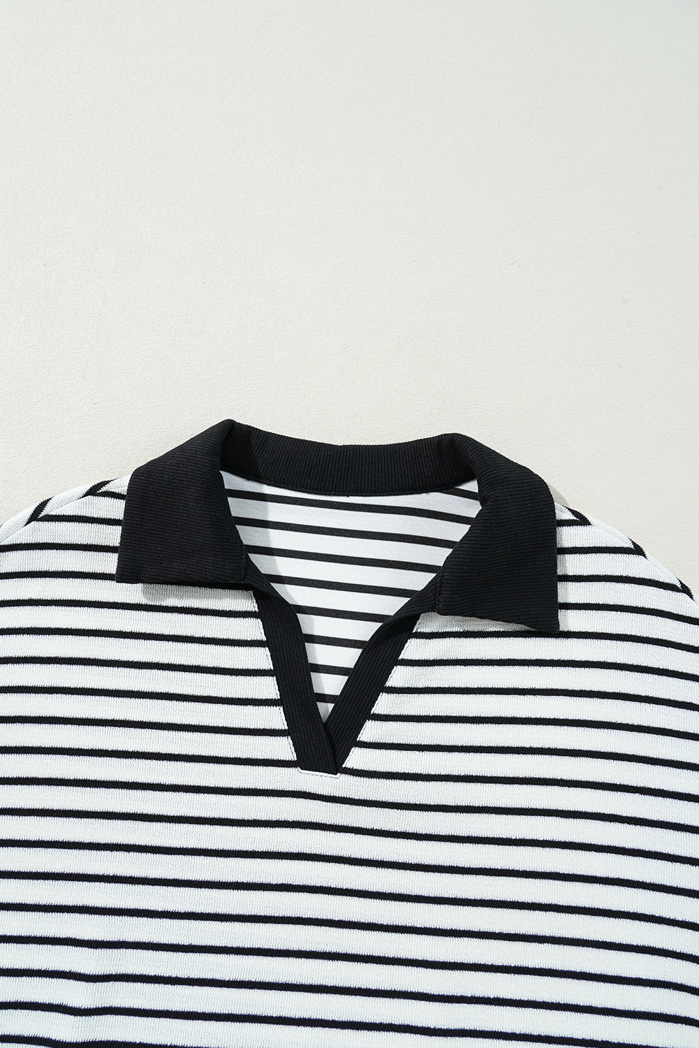 Black Stripe Collared Long Sleeve Top and Drawstring Shorts Set eAura
