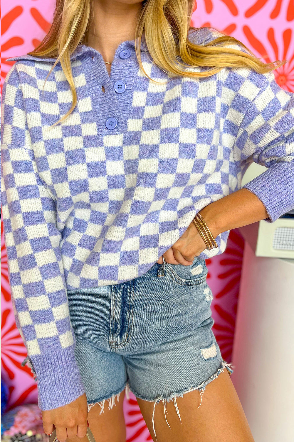 Purple Checkered Collared Buttons Plus Size Sweater Beagle Boutique Fashion Outlet