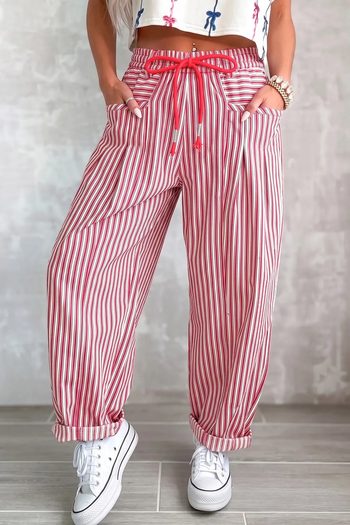 Drawstring Casual Loose Pants – Red Stripe