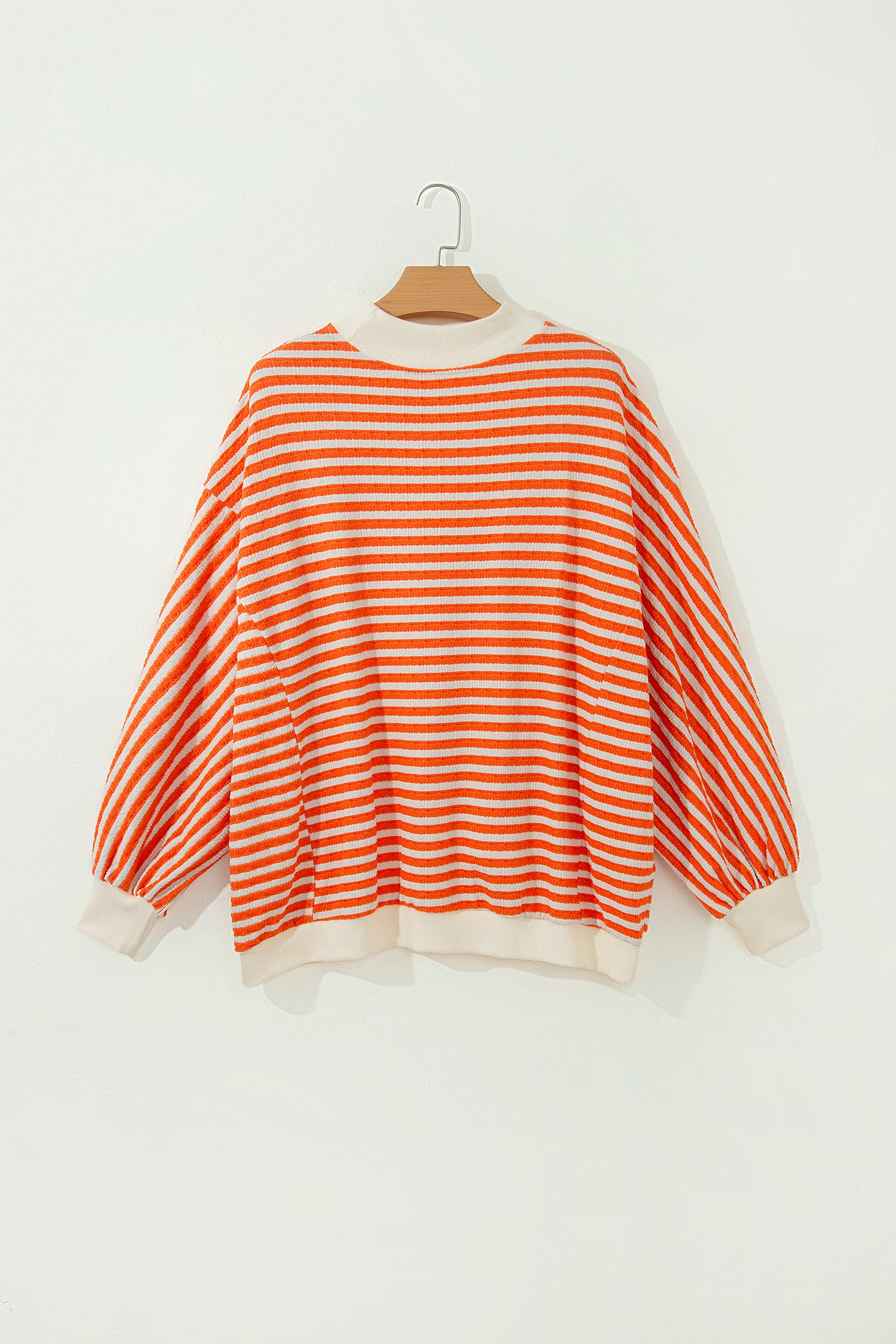 Striped Textured Stand Neck Oversized Long Sleeve Top – Orange Stripe