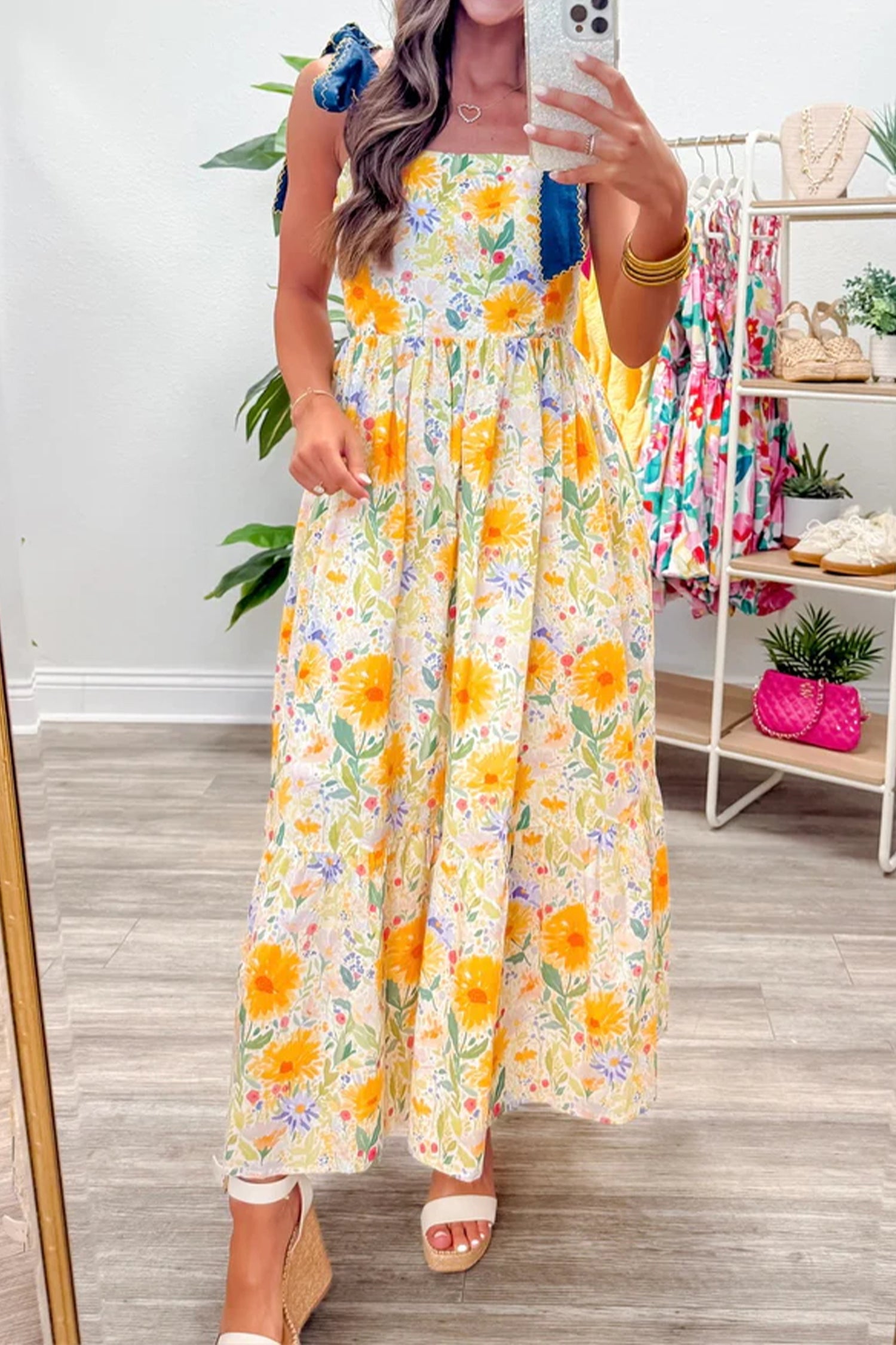 Floral Print Contrast Stitched Knot Denim Straps Maxi Dress