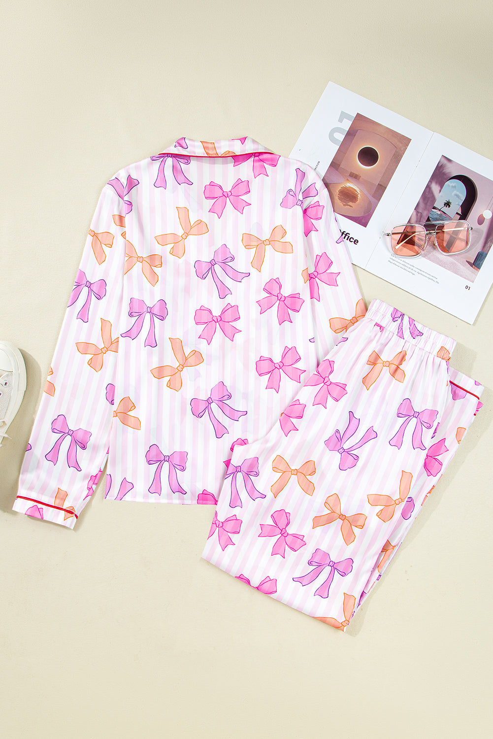 Pink Striped Bow Print Contrast Piping Trim Shirt and Bottoms Pyjama Set