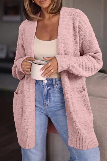 Open Front Soft Fuzzy Ribbed Sweater Cardigan – Light Pink