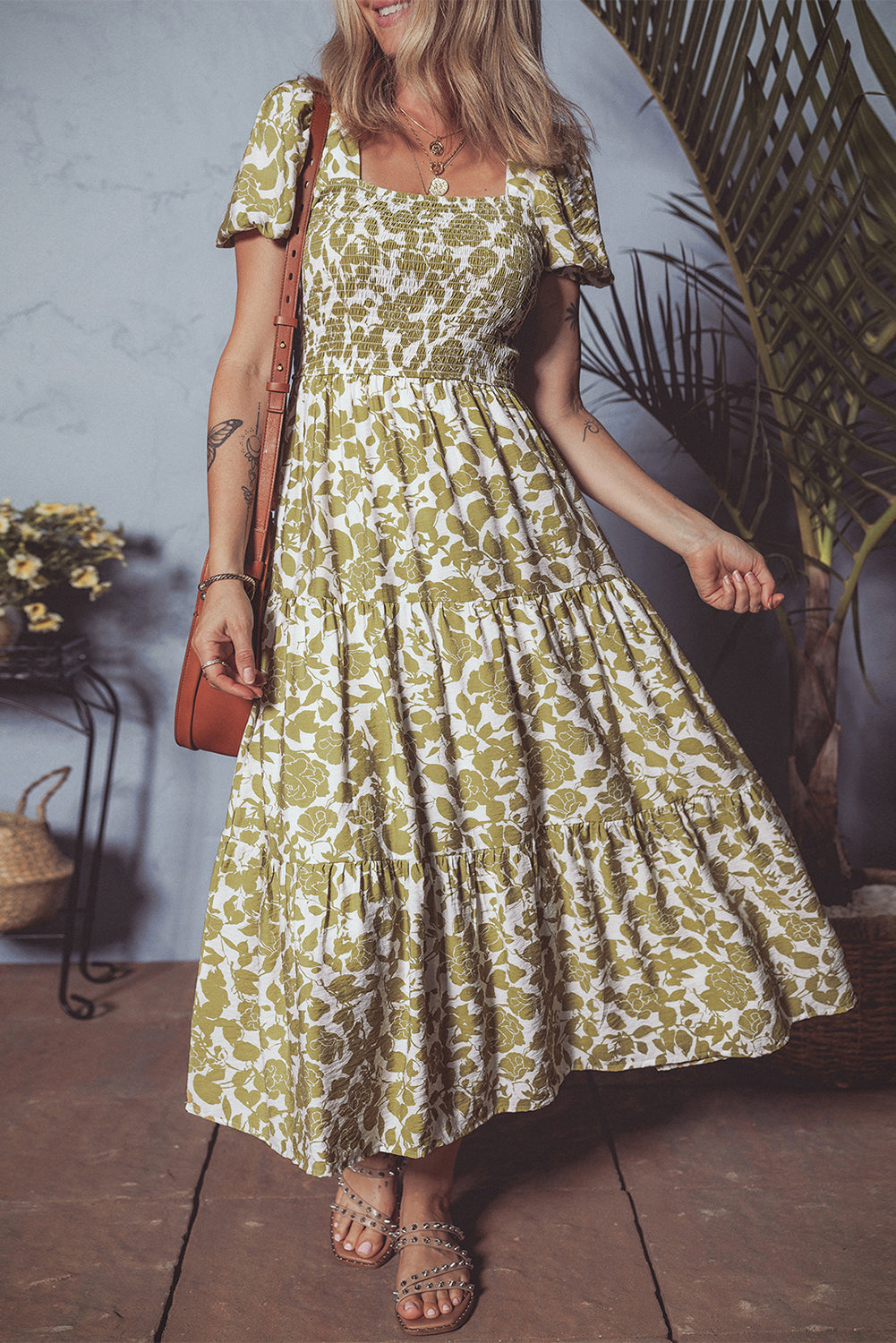 Floral Square Neck Smocked Bust Puff Sleeve Tiered Maxi Dress eAura