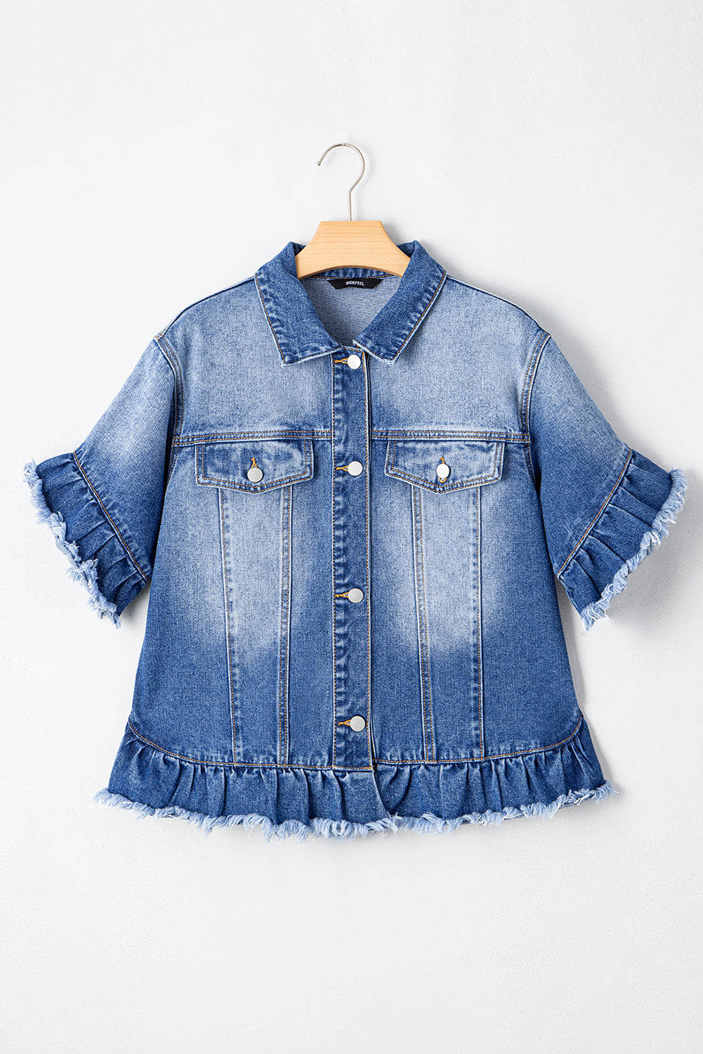 Peacock Blue Raw Edge Ruffled Short Sleeve Denim Jacket eAura