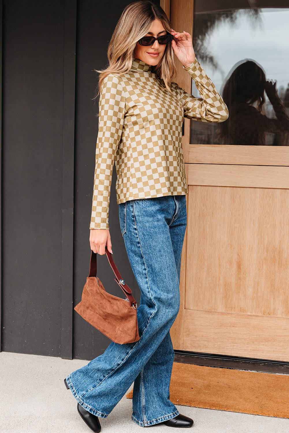 Check Pattern Turtleneck Ribbed Slim Long Sleeve Tee - eAura