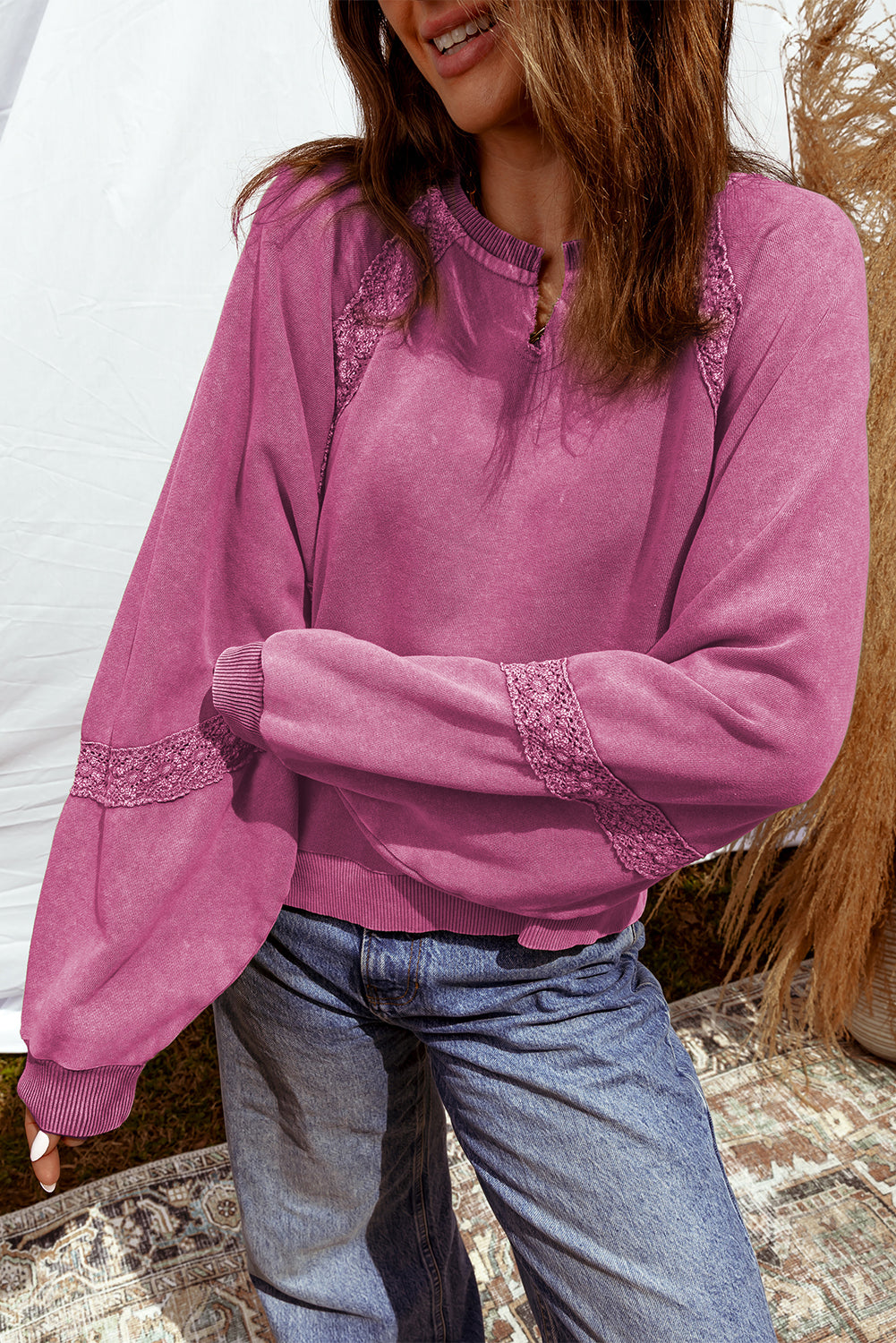 Lace Patchwork Detail Notched Neck Mineral Wash Baggy Sweatshirt - Pink / S - Tops/Sweatshirts & Hoodies