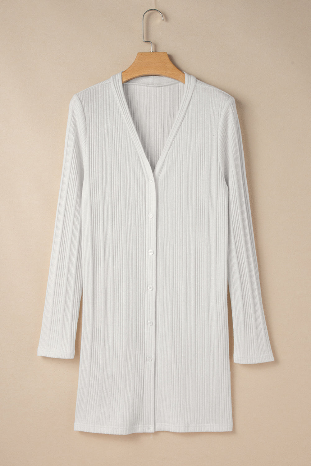 White Solid Colour Ribbed Button up Tunic Cardigan eAura