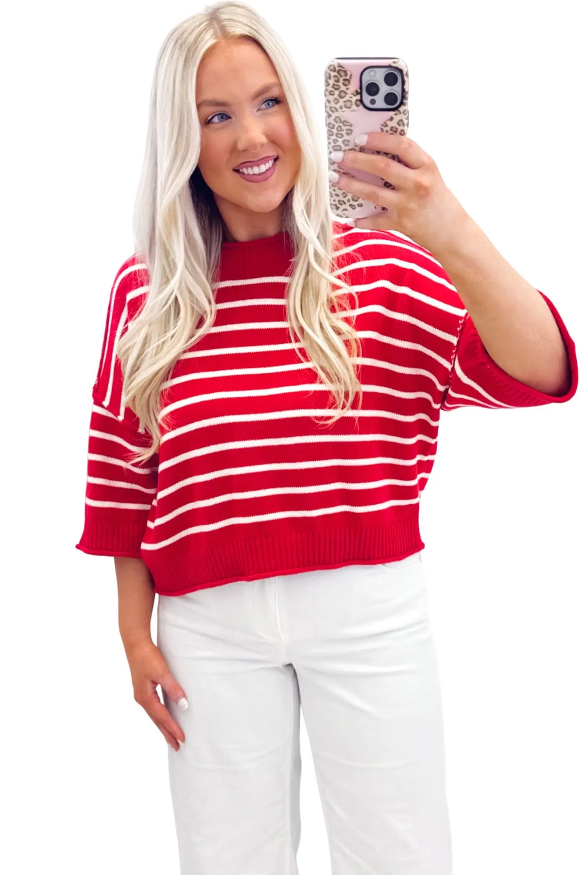 Dropped Shoulder Half Sleeve Relaxed Knit Sweater – Red Stripe