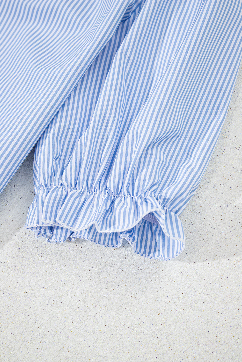 Blue Stripe Ruffled Collar Puff Sleeve Half Buttons Blouse eAura