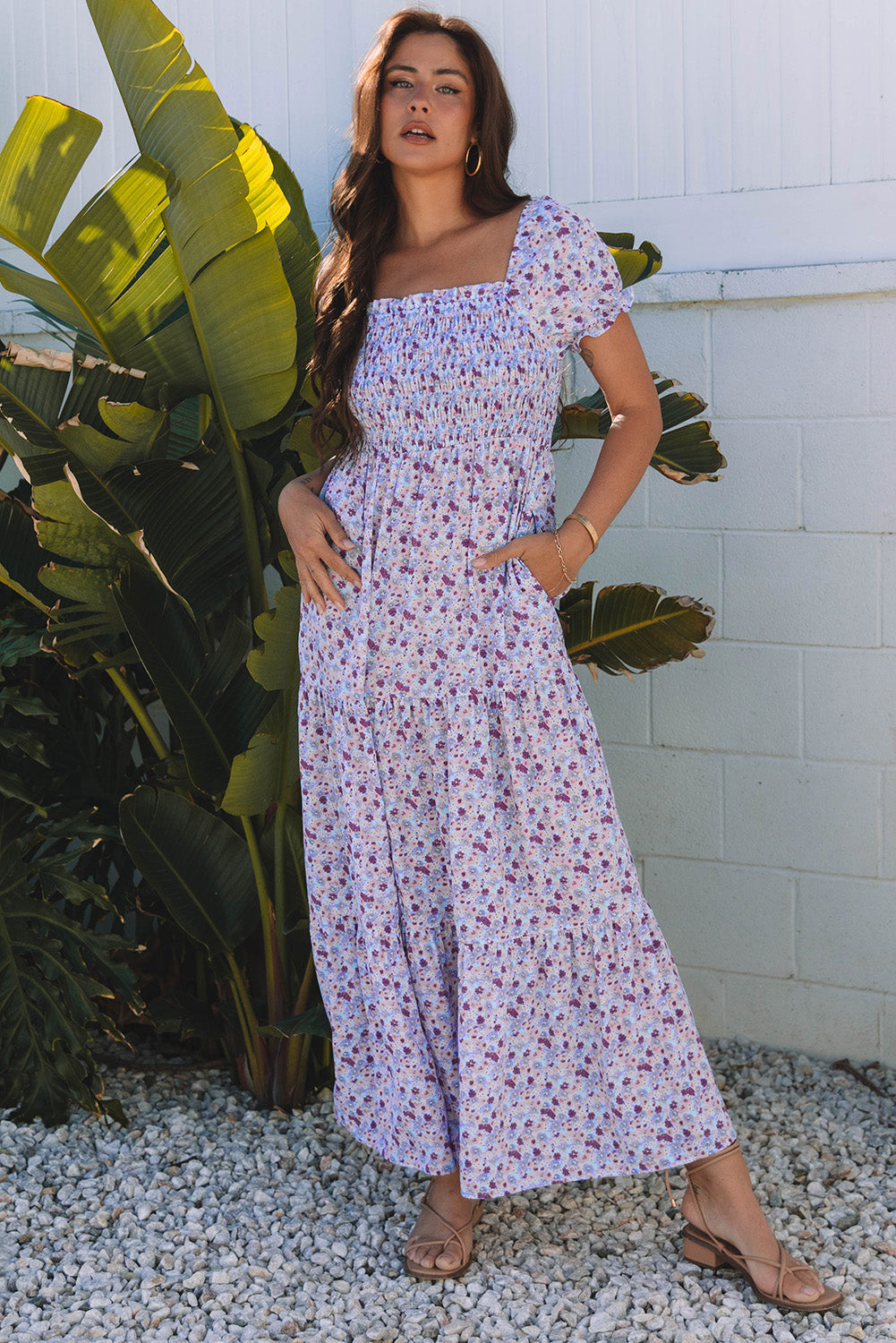 Purple Floral Short Bubble Sleeve Shirred High Waist Maxi Dress eAura