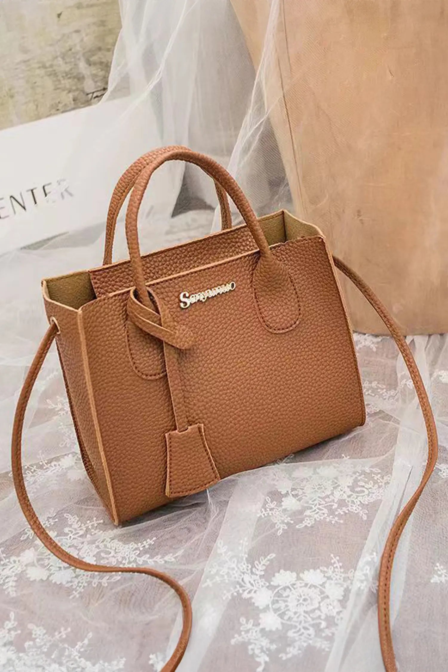 Camel Minimalist PU Leather Handle Shoulder Bag