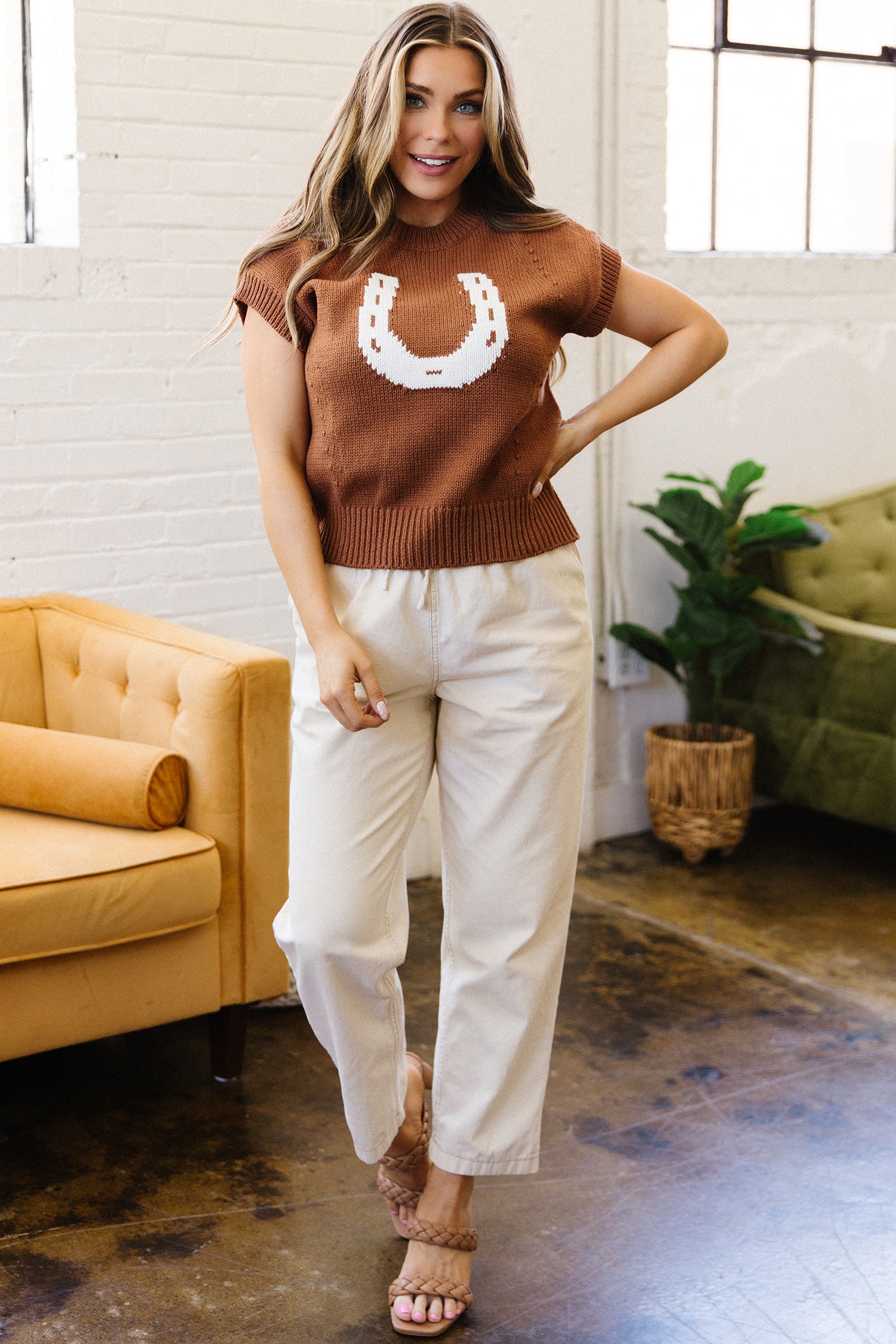Chestnut Western Horseshoe Pattern Short Sleeve Knit Sweater – Brown