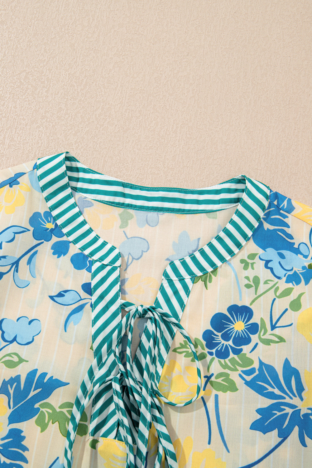 Blue Floral Striped Trim Puff Short Sleeve Dress eAura