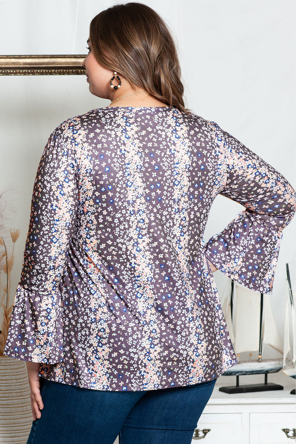 Purple Floral Print Round Neck Plus Size Babydoll Blouse BB Fashion Outlet