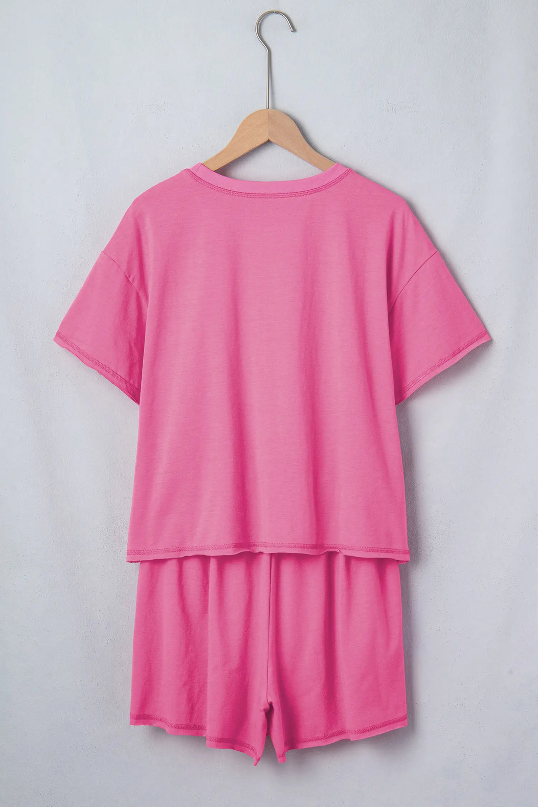 Seam Detail Raw Edge Tee Rainbow Waistband Casual Short Set
