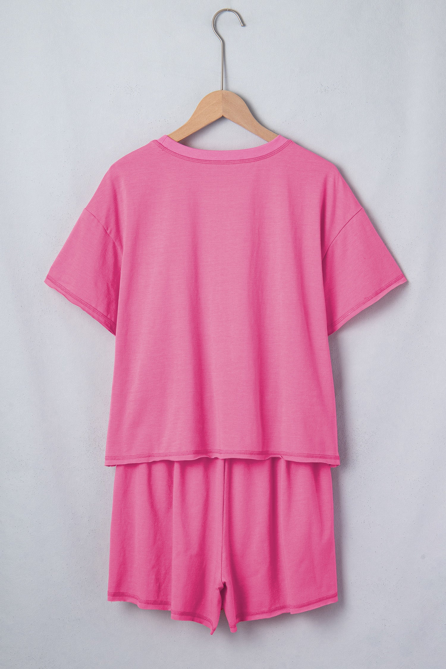 Seam Detail Raw Edge Tee Rainbow Waistband Casual Short Set