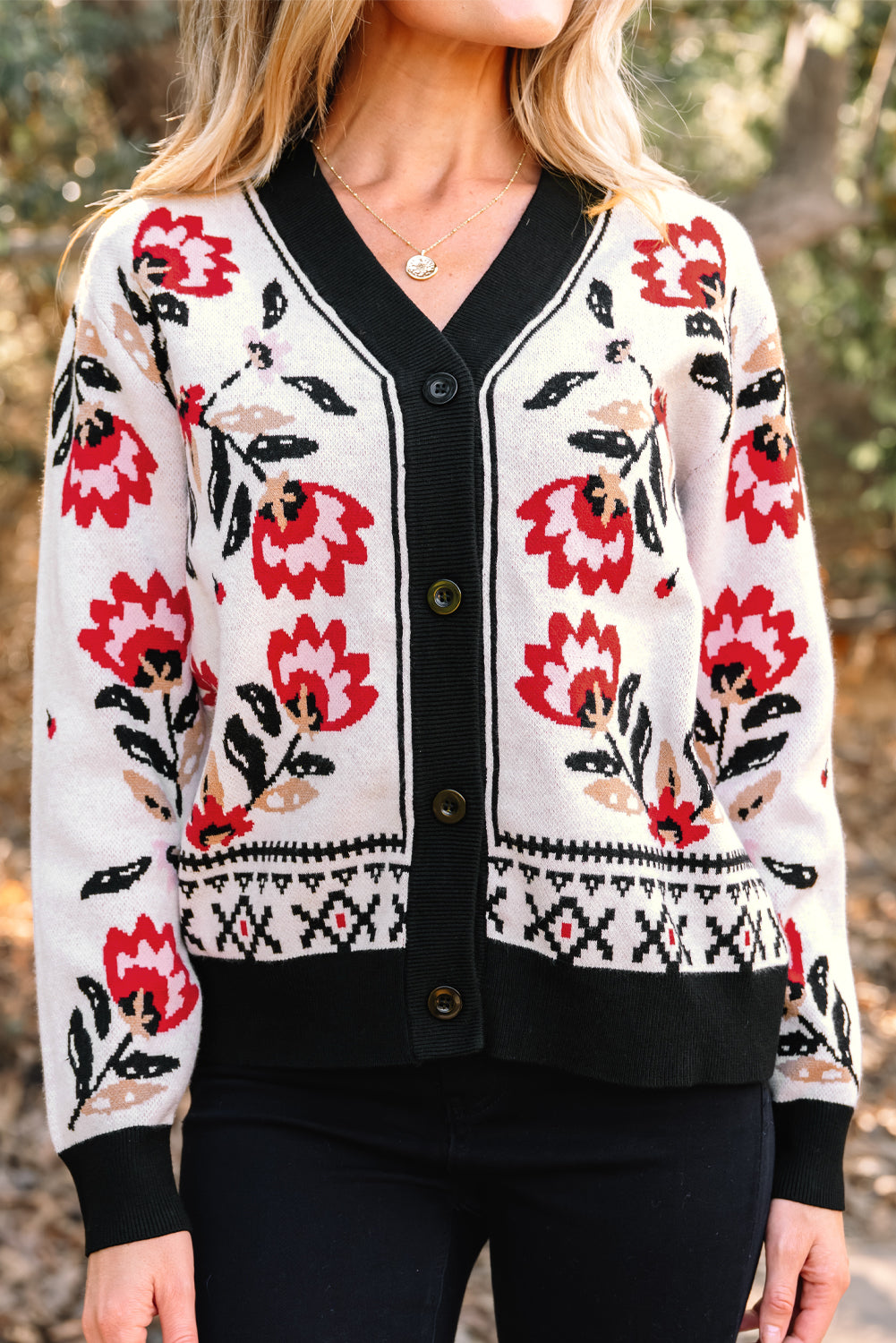 Floral Print Buttoned Front V-Neck Knit Cardigan - eAura