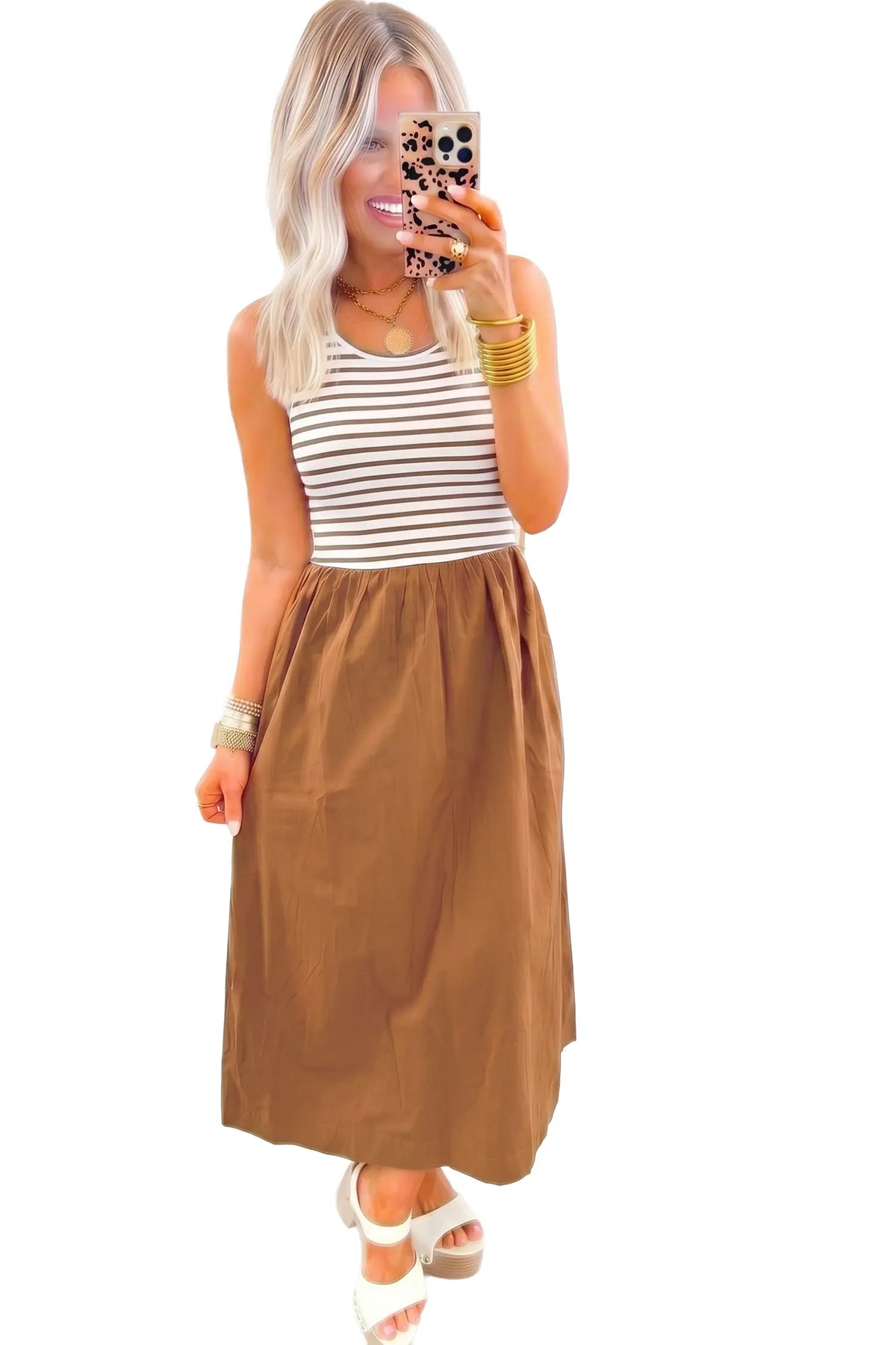 Chestnut Striped Colourblock Patchwork Sleeveless Casual Long Dress – Brown