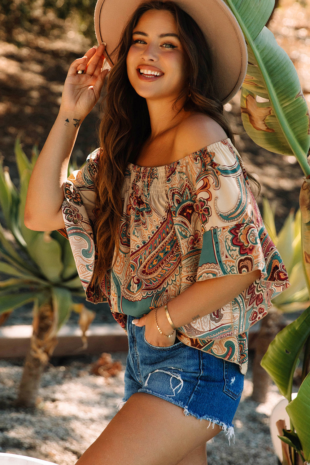 Apricot Paisley Printed Shirred Off Shoulder Ruffled Draped Sleeve Blouse eAura
