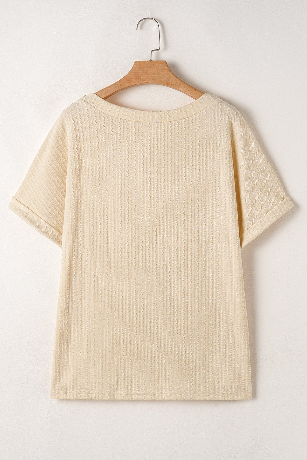 Beige Lace Crochet Patched Cable Textured Cuffed Short Sleeve Plus Size Top BB Fashion Outlet