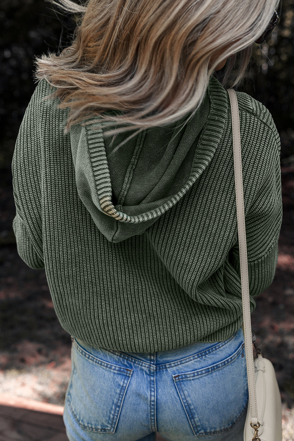 Mineral Wash Ribbed Button Drawstring Neck Hooded Sweater - eAura