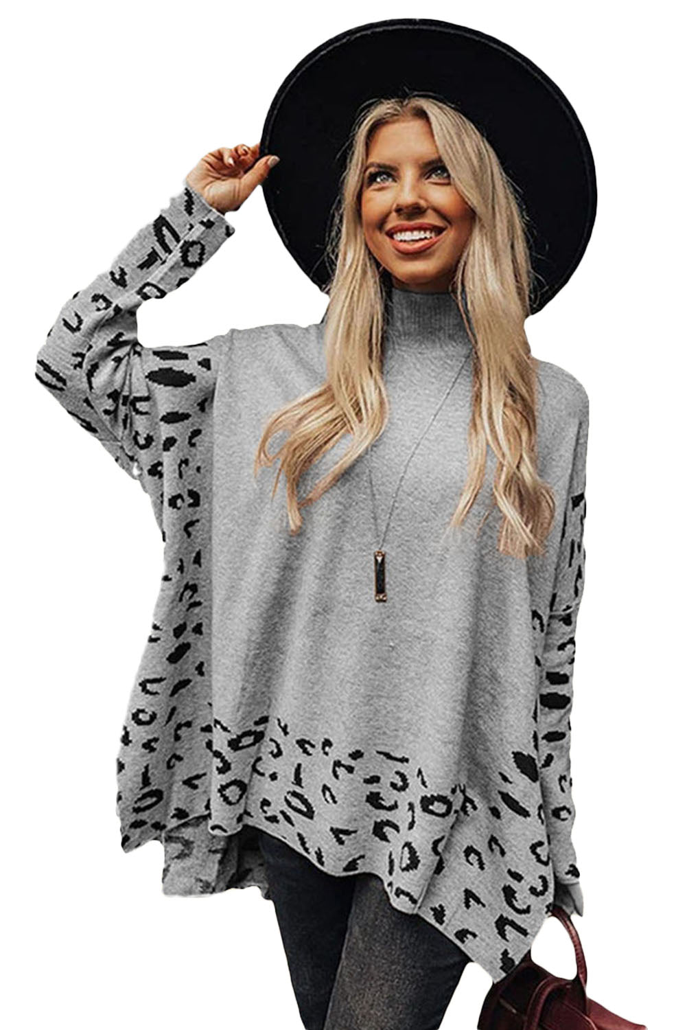 Grey Leopard High Neck Side Slit Oversized Sweater eAura