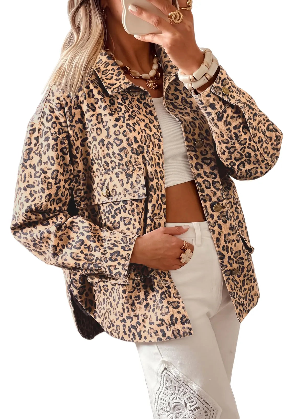 Leopard Print Collar Long Sleeve Patch Pocket Shift Denim Jacket – Khaki