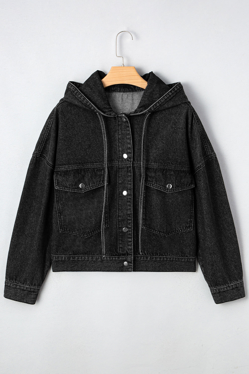 Black Big Chest Pocket Drop Shoulder Hooded Denim Jacket eAura