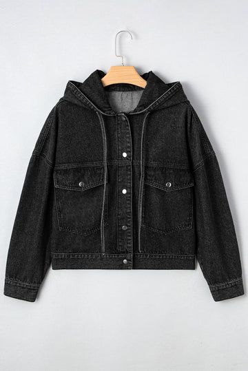 Black Big Chest Pocket Drop Shoulder Hooded Denim Jacket eAura