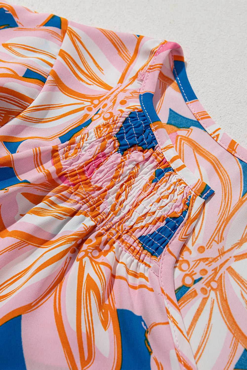 Orange Summer Flower Print Notched Neck Ruffle Sleeve Blouse eAura